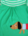Adorable Dachshund Print Green Striped Baby Dress with Soft Organic Cotton and Back Applique by Toby Tiger at brixbailey.com