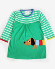 Adorable Green Striped Dachshund Dog T-Shirt Dress for Babies, Soft Organic Cotton, Machine Washable by Toby Tiger at brixbailey.com