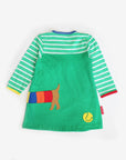 Adorable Green Striped Dachshund Dog Print Baby Dress with Soft Organic Cotton and Back Applique by Toby Tiger at brixbailey.com
