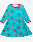 Premium Turquoise Skater Dress with Horse and Apple Tree Print, Organic Cotton Long Sleeve for Babies 6-24 Months, Eco-Friendly Dye by Toby Tiger at brixbailey.com