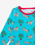 Premium Turquoise Skater Dress with Horse and Apple Tree Print in Organic Cotton for Babies 6-24 Months, Long Sleeves and Snap Buttons by Toby Tiger at brixbailey.com