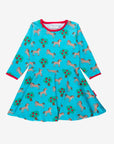 Premium Turquoise Skater Dress for Babies in Organic Cotton with Horse and Apple Tree Print, Long Sleeves, Snap Buttons, 6-24 Months by Toby Tiger at brixbailey.com