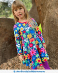 Premium organic cotton floral print skater dress for girls, stylish dark blue Toby Tiger design with snowdrops daisies tulips, long sleeves by Toby Tiger at brixbailey.com