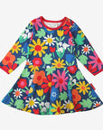 Luxury organic cotton floral print skater dress, stylish dark blue with snowdaisies tulips, premium handcrafted long sleeve kids dress by Toby Tiger at brixbailey.com