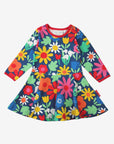 Premium organic cotton floral print skater dress, stylish dark blue with snowdaisies tulips daisies, long sleeves, GOTS certified by Toby Tiger at brixbailey.com