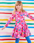 Colorful skater dress with Toby Tiger print, premium organic cotton, stylish swing skirt, snap neck closure, unicorn dinosaur elephant design by Toby Tiger at brixbailey.com