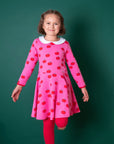 Stylish Red and Pink Color Block Bio Skater Dress for Kids with Swirly Skirt by Toby Tiger at brixbailey.com