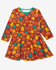 Premium organic cotton pumpkin skater dress for kids, long sleeve soft Halloween outfit, eco-friendly GOTS certified, baby to toddler sizes by Toby Tiger at brixbailey.com