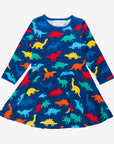 Colorful Dinosaur Print Organic Cotton Skater Dress for Kids, Soft Long Sleeve Eco-Friendly Play Outfit by Toby Tiger at brixbailey.com
