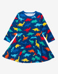 Colorful Dinosaur Skater Dress for Kids, Soft Organic Cotton with Long Sleeves, Eco-Friendly Play Outfit by Toby Tiger at brixbailey.com