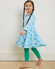 Pastel Blue Bellflower Print Long Sleeve Organic Cotton Skater Dress for Kids, Spring and Summer Favorite, Soft and Twirl-Friendly by Toby Tiger at brixbailey.com