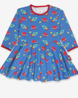 Luxury astronaut print skater dress with long sleeves, sustainable organic cotton, stylish swing skirt, snap buttons by Toby Tiger at brixbailey.com