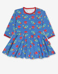 Luxury skater dress with long sleeves, space print, premium organic cotton, stylish swing skirt, snap buttons by Toby Tiger at brixbailey.com
