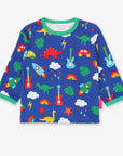 Premium baby long sleeve shirt with dinosaur, rocket, and car print in soft organic cotton by Toby Tiger at brixbailey.com