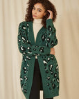 Yumi Green Animal Intarsia Long Cardigan