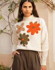 Yumi Ivory Knitted High Neck Jumper With Applique Flowers