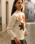 Yumi Ivory Knitted High Neck Jumper With Applique Flowers