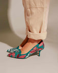 Ipê Suede Turquoise Pumps – 6cm Embroidered Kitten Heel