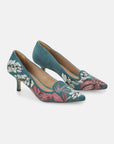 Ipê Suede Turquoise Pumps – 6cm Embroidered Kitten Heel