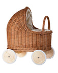 Natural Wicker Doll Pram with Beige Bedding