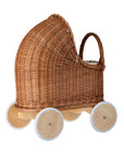 Natural Wicker Doll Pram with Beige Bedding