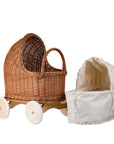 Natural Wicker Doll Pram with Beige Bedding