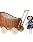 Natural Wicker Doll Pram with Beige Bedding