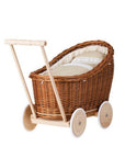 Natural Wicker Doll Pram with Beige Bedding