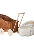 Natural Wicker Doll Pram with Beige Bedding