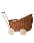 Natural Wicker Doll Pram with Beige Bedding