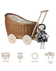 Natural Wicker Doll Pram with Beige Bedding
