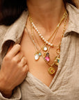 Odyssey Two Stone Pendant Necklace with Palm Leaf Charm Pyrite & Amazonite