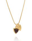 Trillion Doublet Pendant Necklace with Palm Leaf: Pyrite with Rhodolite Quartz