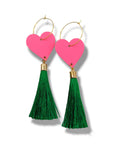 Neon pink heart and gold green tassel earrings