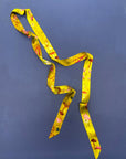 Ochre yellow Silk satin 'Helios' Ultra Skinny silk scarf with mushrooms and sunflowers
