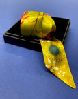 Ochre yellow Silk satin 'Helios' Ultra Skinny silk scarf with mushrooms and sunflowers