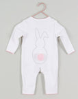 Luxury bunny embroidered babygrow with pompom tail, soft cotton jersey, delicate pink picot trim, newborn to 12 months by Ella James at brixbailey.com