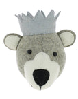 Premium grey wool felt party bear wall decor with blue hat, handcrafted stitching detail, bamboo hook for nursery or bedroom by Ella James at brixbailey.com