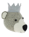 Premium grey wool felt party bear wall decor with blue hat, handcrafted stitching, bamboo hook for nursery by Ella James at brixbailey.com