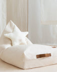 Premium Nobodinoz Oasis beanbag in natural, large faux leather handle, removable washable cover, stylish kids reading corner by Ella James at brixbailey.com