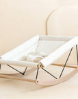 Premium organic cotton baby bouncer with honey polka dots, handmade beechwood frame, neutral cream, machine washable, up to 9kg by Ella James at brixbailey.com