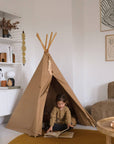 Premium fawn teepee play tent with pinewood frame and canvas, natural Indian wooden feathers, matching oasis cotton twill beanbag by Ella James at brixbailey.com