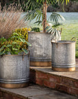 Luxury ribbed galvanized metal planter with antiqued gold handles, stylish indoor-outdoor decor in three sizes by Ella James at brixbailey.com