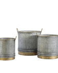 Luxury ribbed galvanized metal planter with antiqued gold handles, stylish indoor outdoor decor, best-selling Serena design by Ella James at brixbailey.com