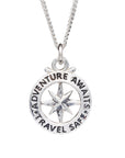 Travel Safe Outline Compass Large St Christopher Silver Necklace