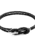 Silver and Braided Leather Bracelet in Coal Black