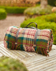 Thistleberry & Wine Picnic Rug Blanket Tartan Checked Burgundy/Claret with Leather Carry Strap