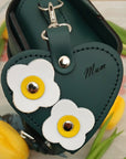 Love heart bag charm - with 'Mum' engraving and flower appliques - Pine