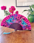 Hot pink 'Fuchsia' silk folding hand fan with butterfly and mushroom painted artwork