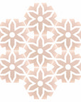 Luxury Fleur porcelain floor and wall tiles, pink and white hex pattern, anti-slip matte finish, indoor outdoor use by Maria Starling Design at brixbailey.com